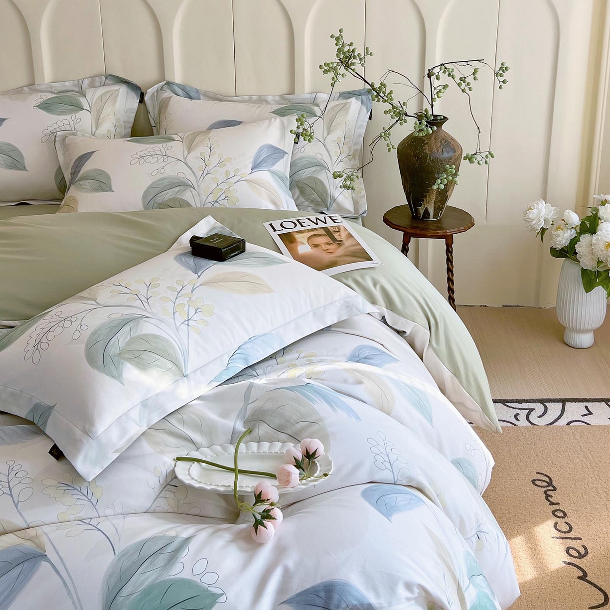 91家纺网 家纺一手货源 找家纺 帅露家纺 2026新款全棉60支长绒棉数码印花四件套 悦妍绿