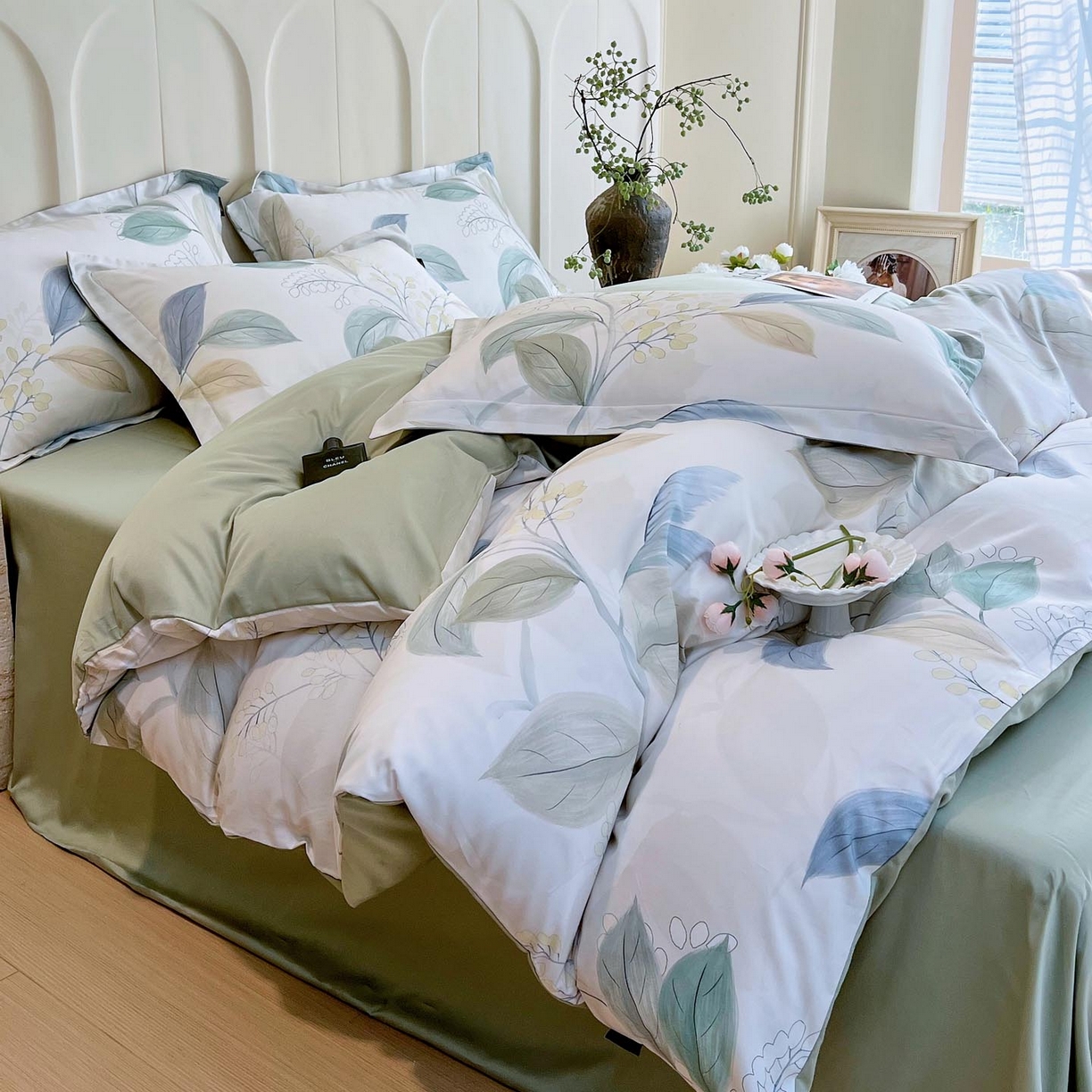 91家纺网 家纺一手货源 找家纺 帅露家纺 2026新款全棉60支长绒棉数码印花四件套 悦妍绿