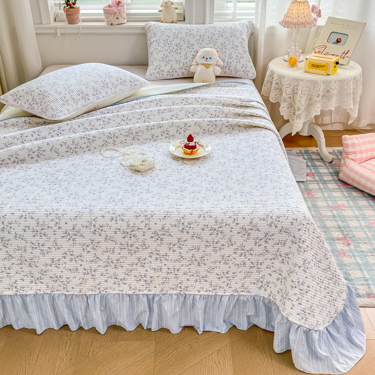 91家纺网 家纺一手货源 找家纺 （总）欣宜家纺 2026新款法式大花边全棉夹棉床盖加厚床单炕垫