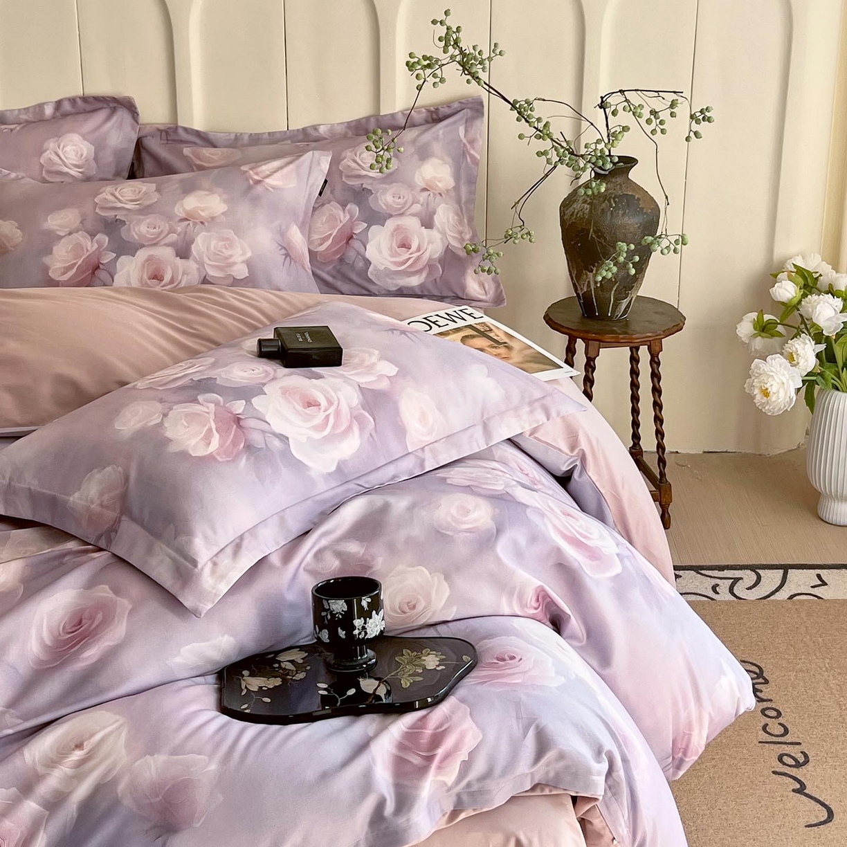 91家纺网 家纺一手货源 找家纺 帅露家纺 2026新款全棉60支长绒棉数码印花四件套 韵彩 紫