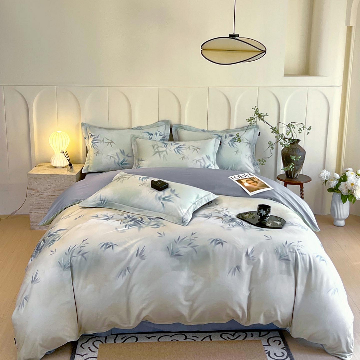 帅露家纺 2026新款全棉60支长绒棉数码印花四件套 竹野诗叶