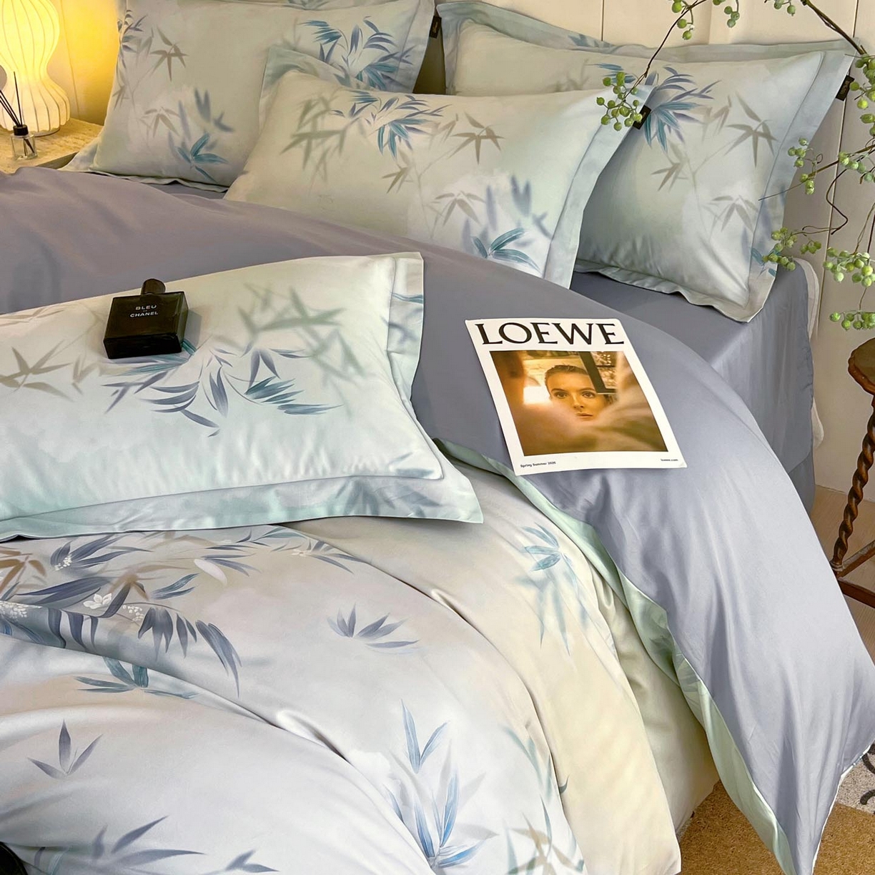 91家纺网 家纺一手货源 找家纺 帅露家纺 2026新款全棉60支长绒棉数码印花四件套 竹野诗叶