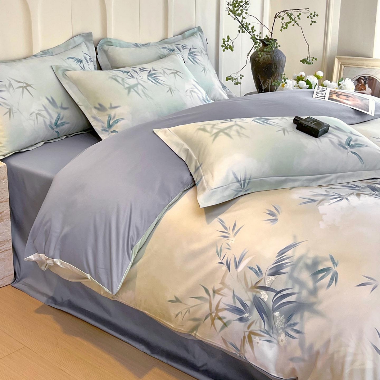 91家纺网 家纺一手货源 找家纺 帅露家纺 2026新款全棉60支长绒棉数码印花四件套 竹野诗叶