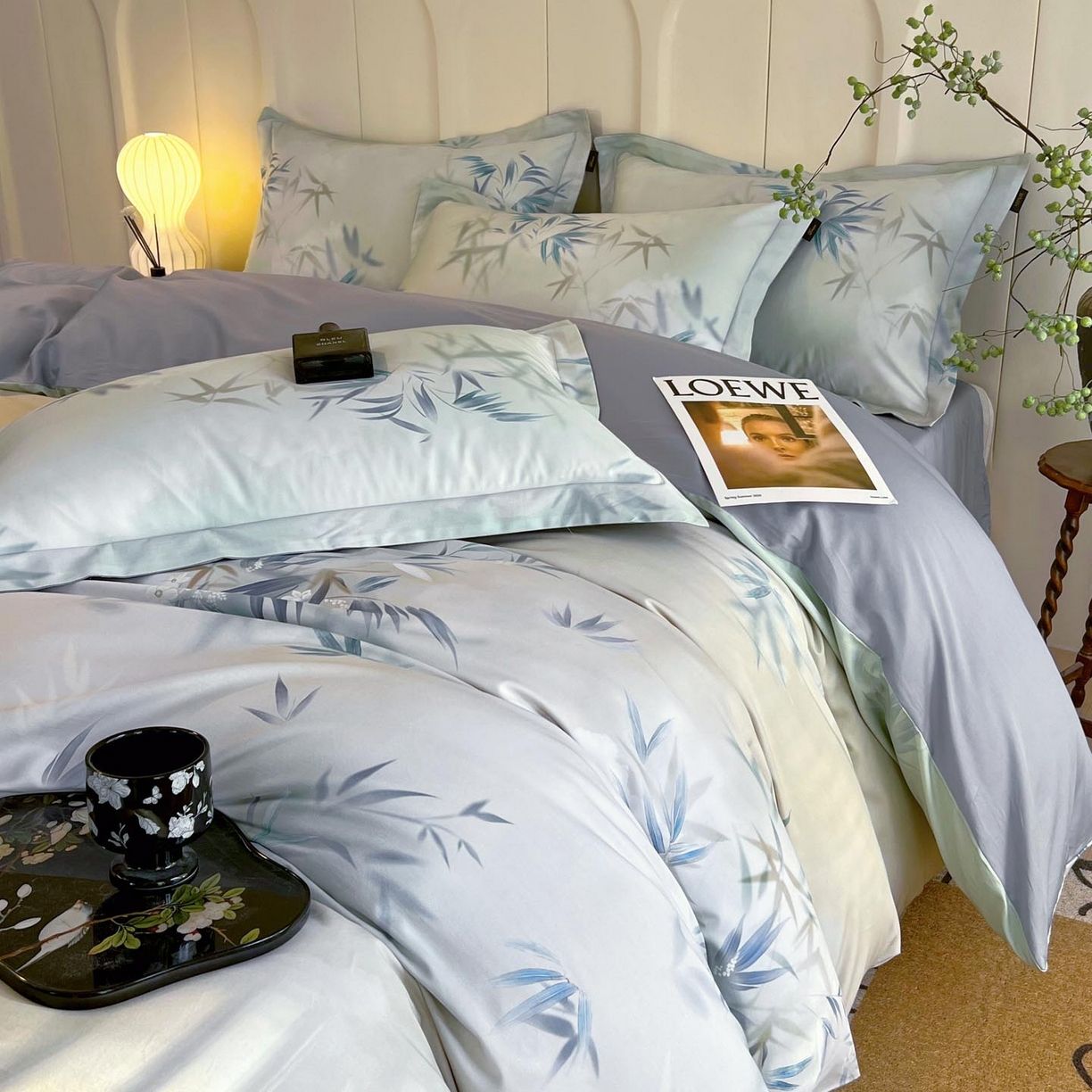 91家纺网 家纺一手货源 找家纺 帅露家纺 2026新款全棉60支长绒棉数码印花四件套 竹野诗叶