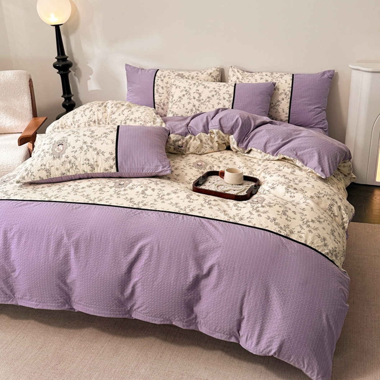 91家纺网 家纺一手货源 找家纺 诺梵家纺 2026春夏新品高克重拼接泡芙纱泡泡皱皱纱四件套 贝丽丝