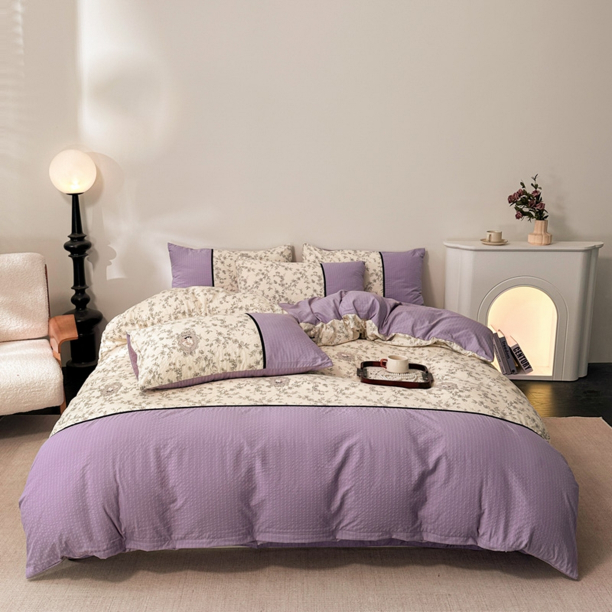 91家纺网 家纺一手货源 找家纺 诺梵家纺 2026春夏新品高克重拼接泡芙纱泡泡皱皱纱四件套 贝丽丝