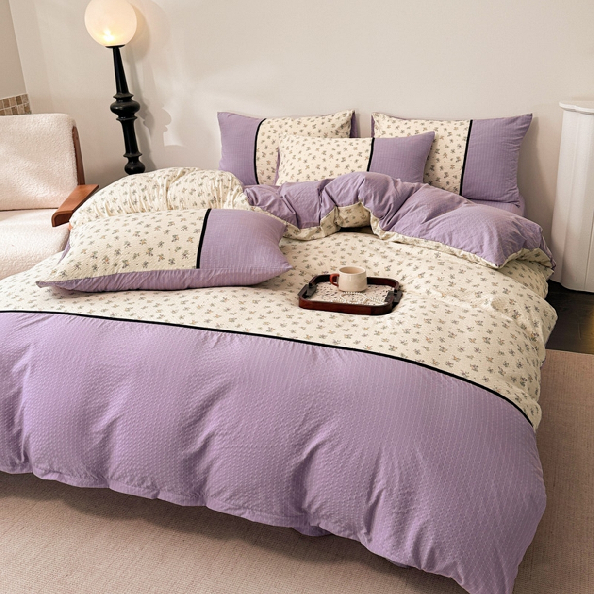 91家纺网 家纺一手货源 找家纺 诺梵家纺 2026春夏新品高克重拼接泡芙纱泡泡皱皱纱四件套 春日花信