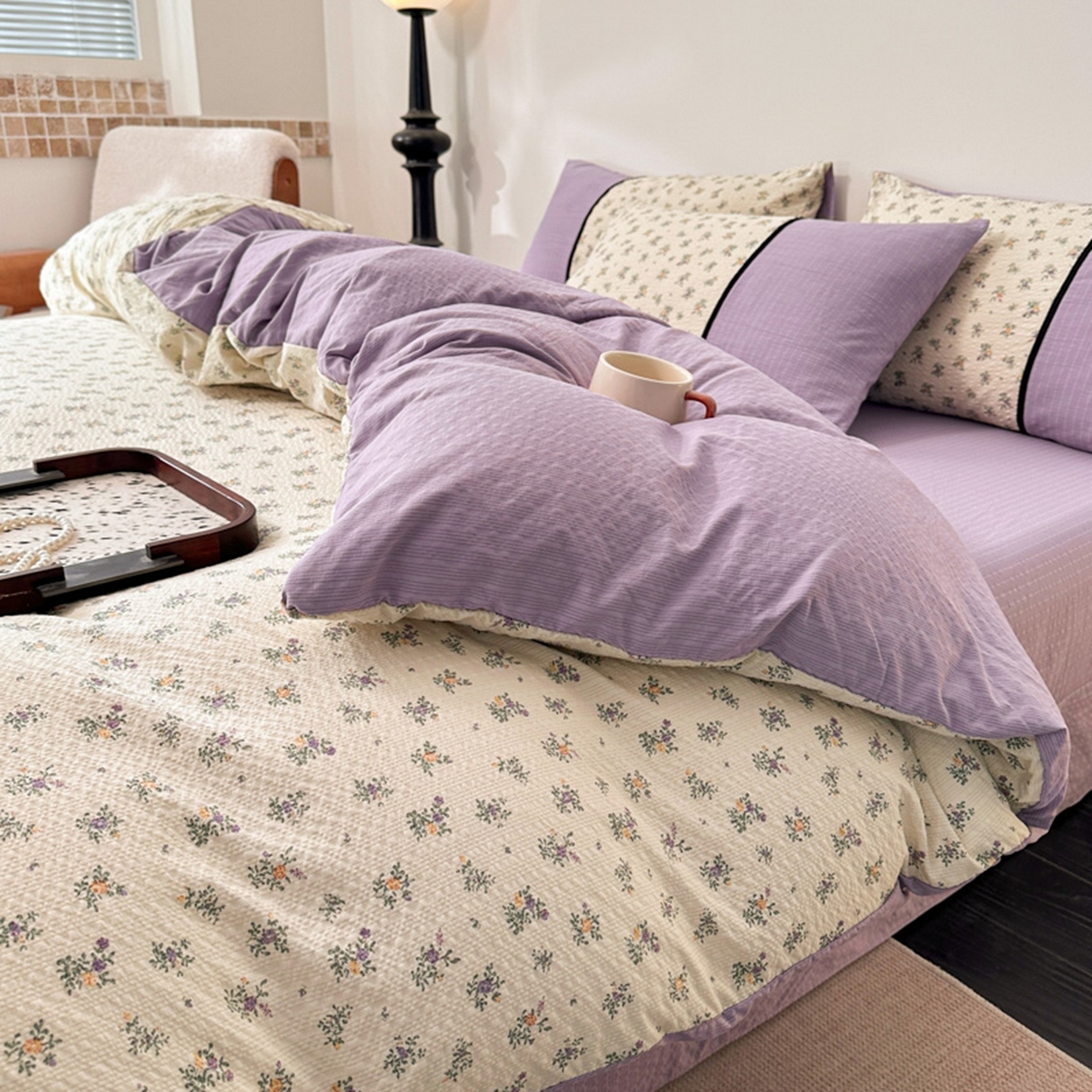 91家纺网 家纺一手货源 找家纺 诺梵家纺 2026春夏新品高克重拼接泡芙纱泡泡皱皱纱四件套 春日花信