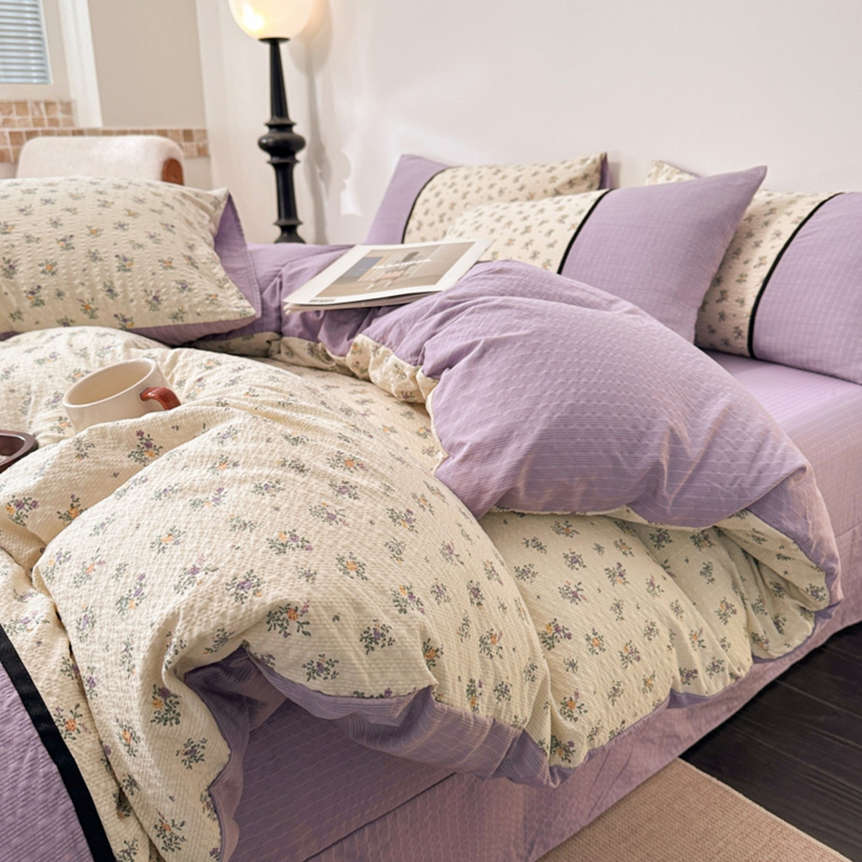 91家纺网 家纺一手货源 找家纺 诺梵家纺 2026春夏新品高克重拼接泡芙纱泡泡皱皱纱四件套 春日花信