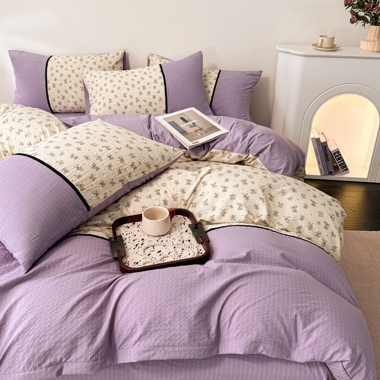 91家纺网 家纺一手货源 找家纺 诺梵家纺 2026春夏新品高克重拼接泡芙纱泡泡皱皱纱四件套 春日花信