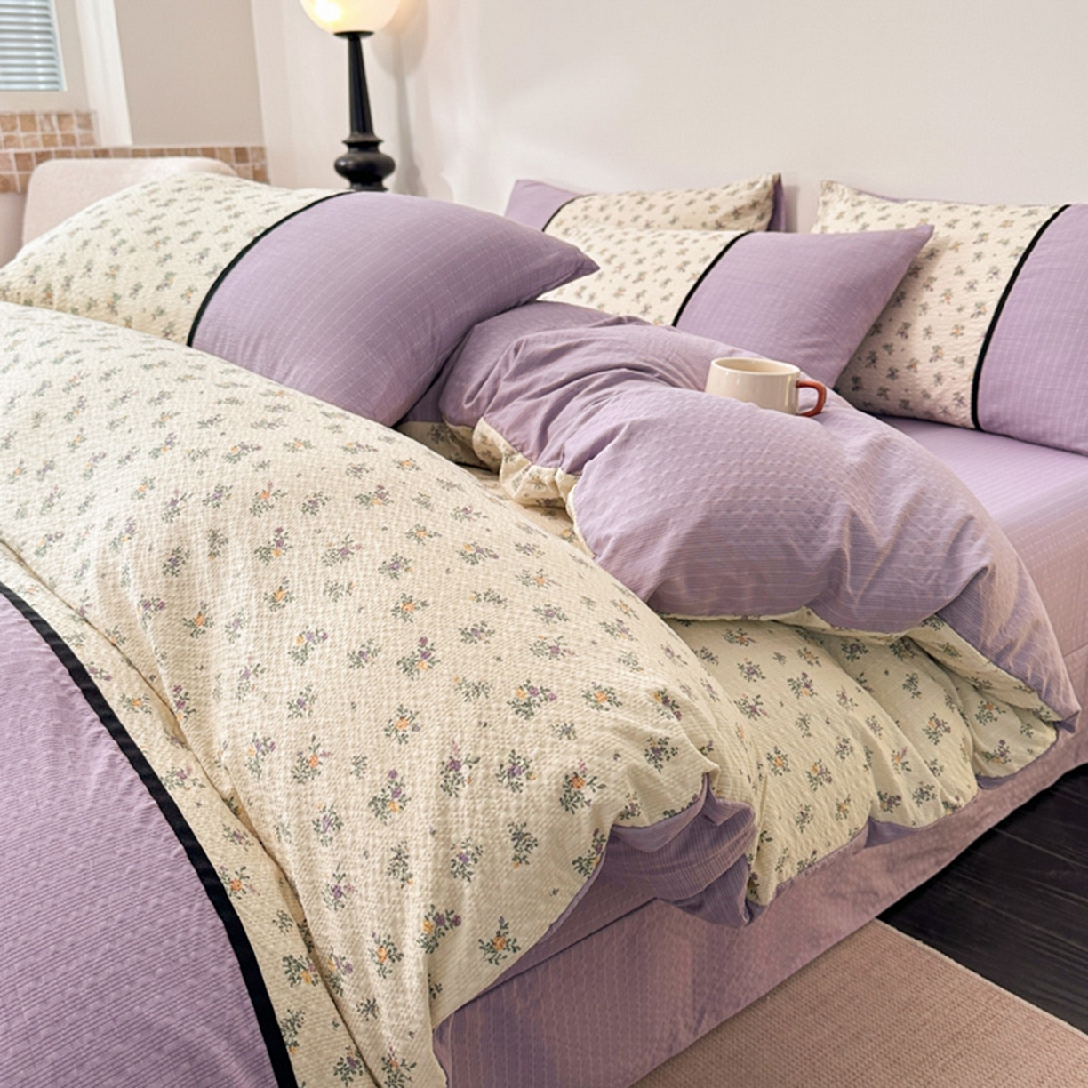 91家纺网 家纺一手货源 找家纺 诺梵家纺 2026春夏新品高克重拼接泡芙纱泡泡皱皱纱四件套 春日花信