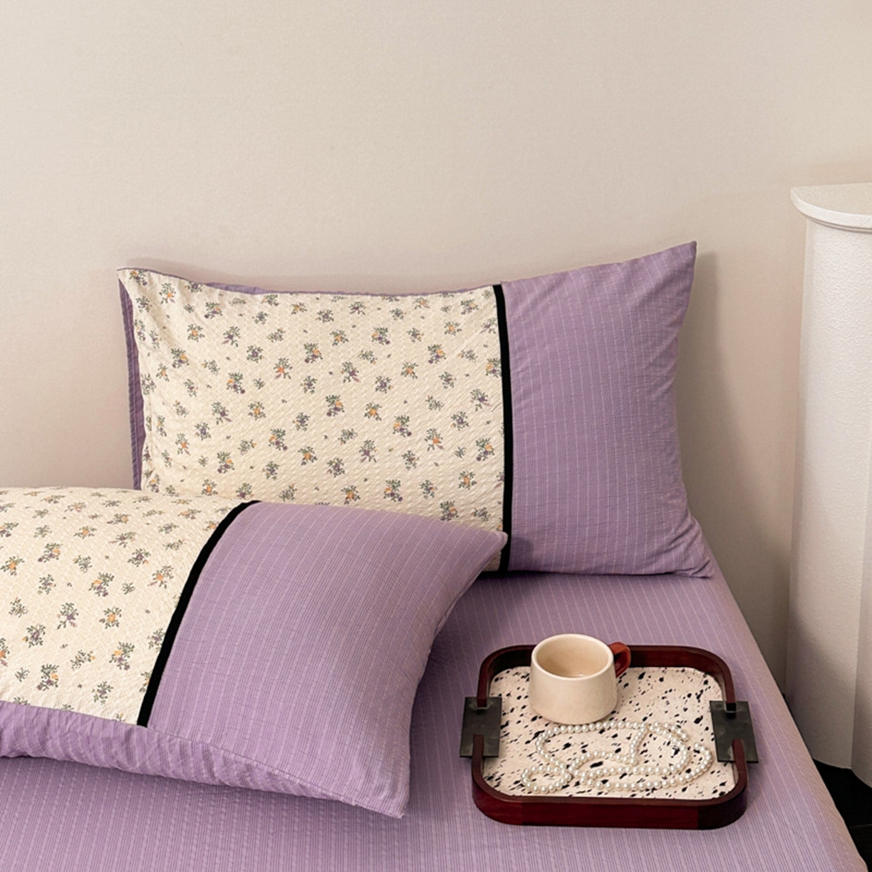 91家纺网 家纺一手货源 找家纺 诺梵家纺 2026春夏新品高克重拼接泡芙纱泡泡皱皱纱四件套 春日花信