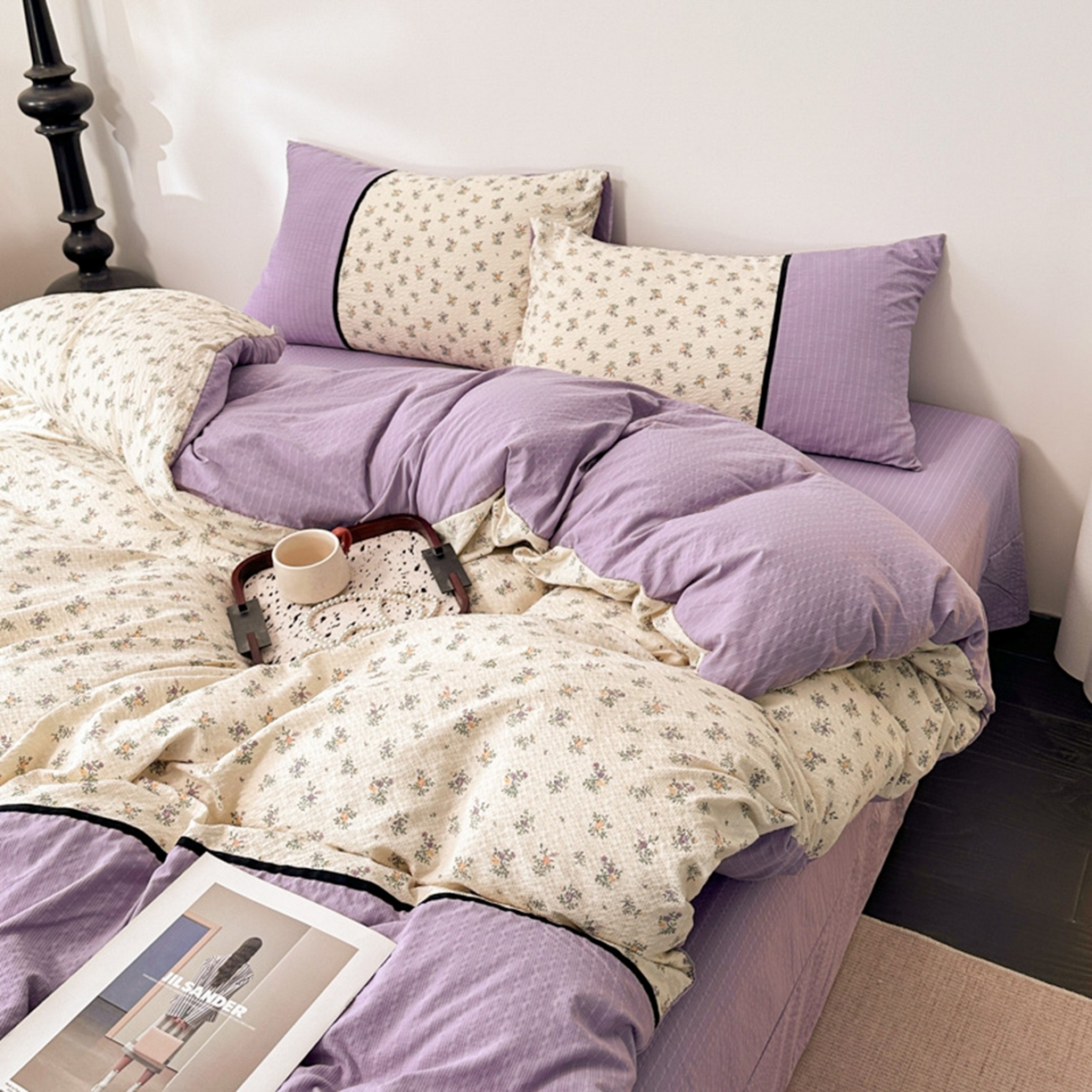 91家纺网 家纺一手货源 找家纺 诺梵家纺 2026春夏新品高克重拼接泡芙纱泡泡皱皱纱四件套 春日花信