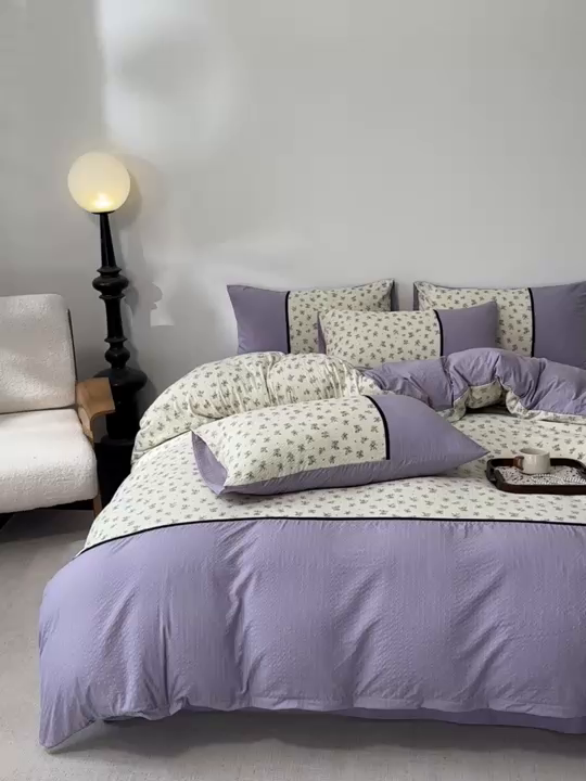 91家纺网 家纺一手货源 找家纺 诺梵家纺 2026春夏新品高克重拼接泡芙纱泡泡皱皱纱四件套 春日花信