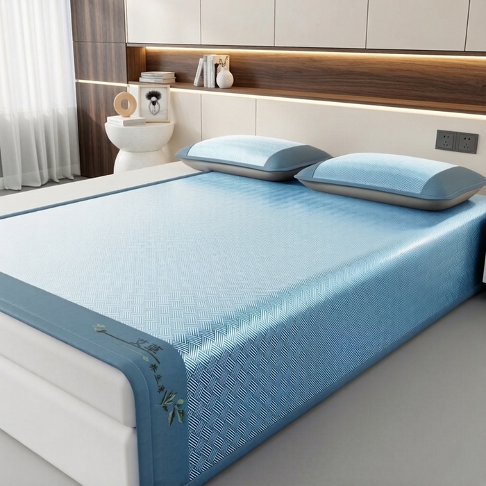 91家纺网 家纺一手货源 找家纺 好艺佳毛毯 2026新款艾草凉席冰丝席绣花高密碳光软席PE饼干花三件套学生宿舍可机洗水洗 艾草冰丝席-宾利蓝