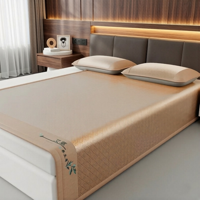 91家纺网 家纺一手货源 找家纺 好艺佳毛毯 2026新款艾草凉席冰丝席绣花高密碳光软席PE饼干花三件套学生宿舍可机洗水洗 艾草冰丝席-摩尼咖