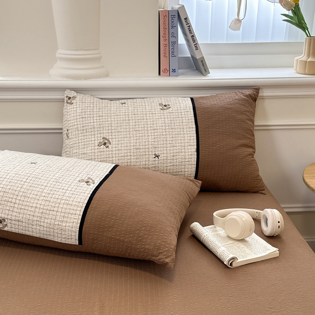 91家纺网 家纺一手货源 找家纺 诺梵家纺 2026春夏新品高克重拼接泡芙纱泡泡皱皱纱四件套 格纹木马