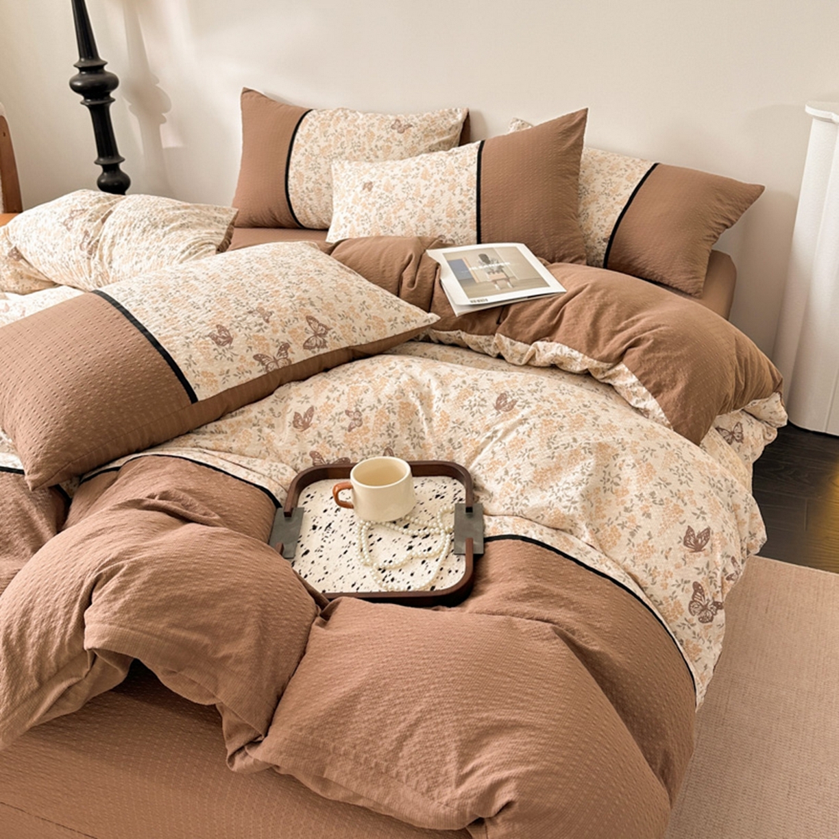 诺梵家纺  2026春夏新品高克重拼接泡芙纱泡泡皱皱纱四件套 花蝶梦