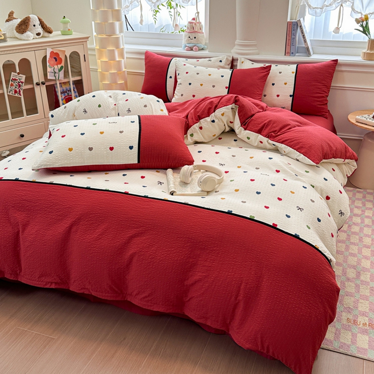 91家纺网 家纺一手货源 找家纺 诺梵家纺 2026春夏新品高克重拼接泡芙纱泡泡皱皱纱四件套 悸动