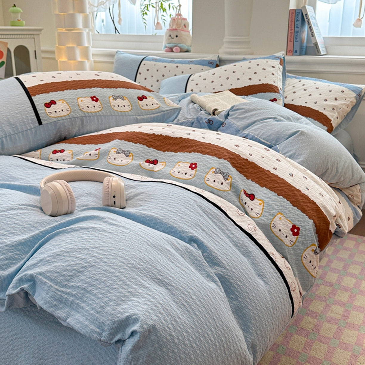 91家纺网 家纺一手货源 找家纺 诺梵家纺 2026春夏新品高克重拼接泡芙纱泡泡皱皱纱四件套 萌萌喵