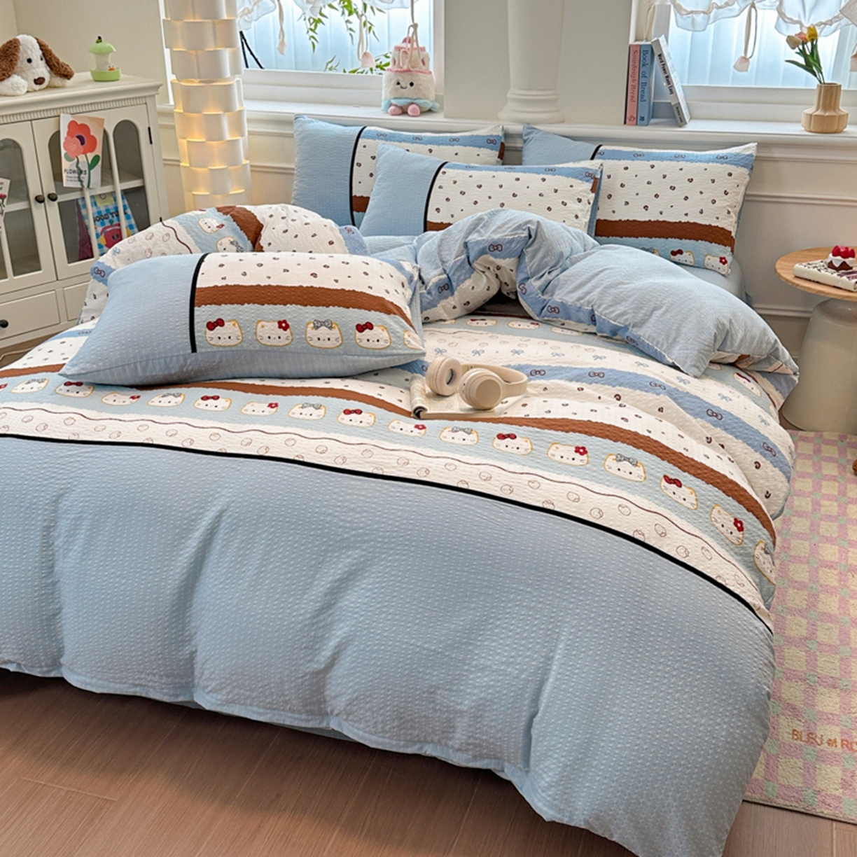 91家纺网 家纺一手货源 找家纺 诺梵家纺 2026春夏新品高克重拼接泡芙纱泡泡皱皱纱四件套 萌萌喵