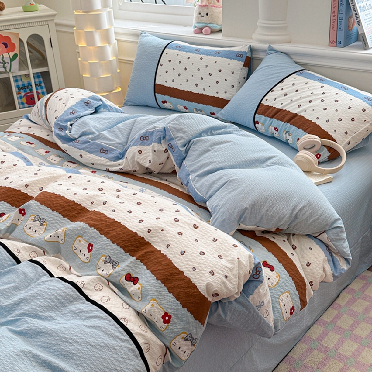 91家纺网 家纺一手货源 找家纺 诺梵家纺 2026春夏新品高克重拼接泡芙纱泡泡皱皱纱四件套 萌萌喵