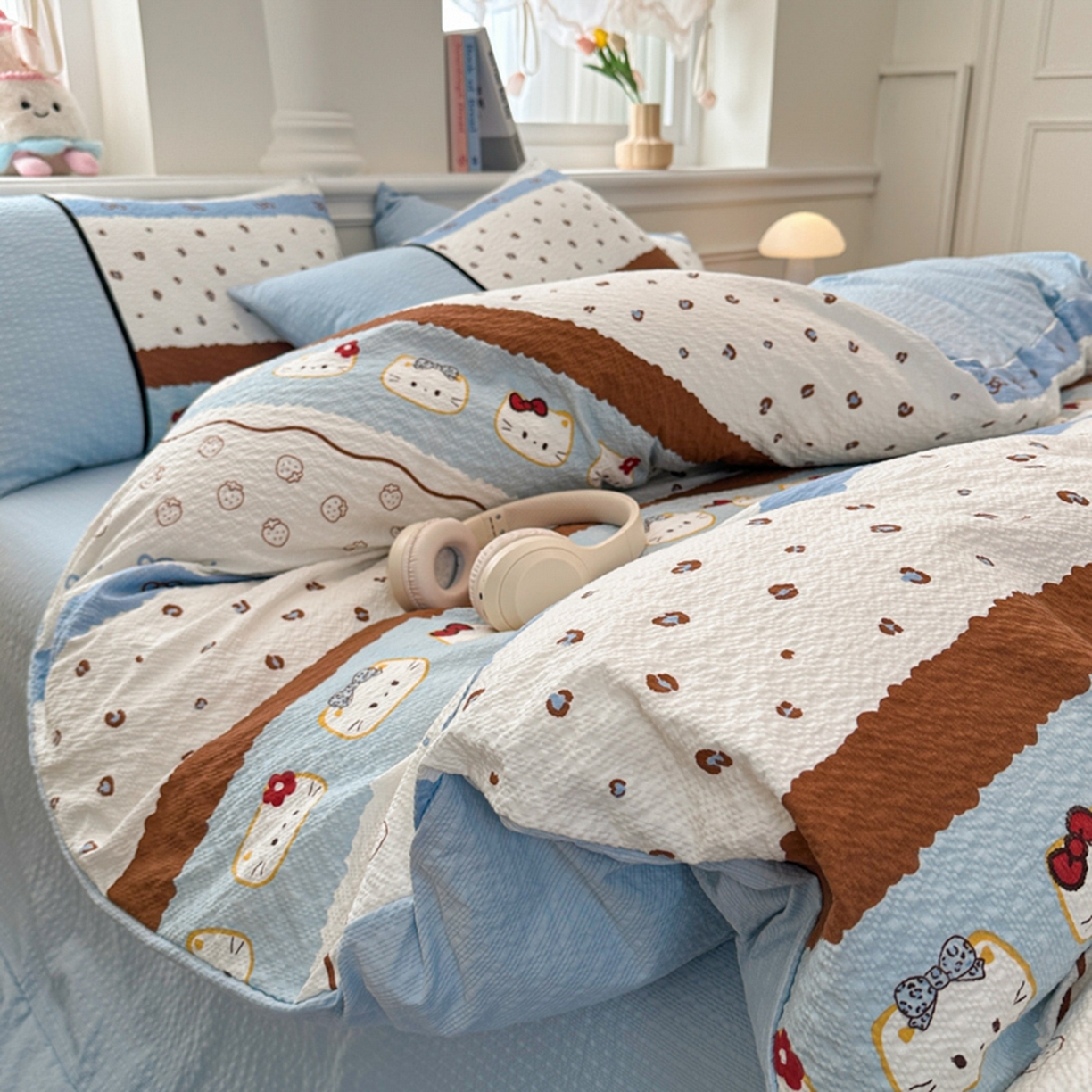 91家纺网 家纺一手货源 找家纺 诺梵家纺 2026春夏新品高克重拼接泡芙纱泡泡皱皱纱四件套 萌萌喵