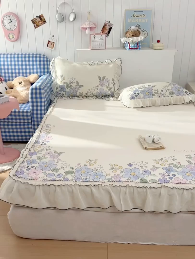 91家纺网 家纺一手货源 找家纺 川悦生活 2026新款凉豆豆凉感冰丝床裙三件套 莫奈花园