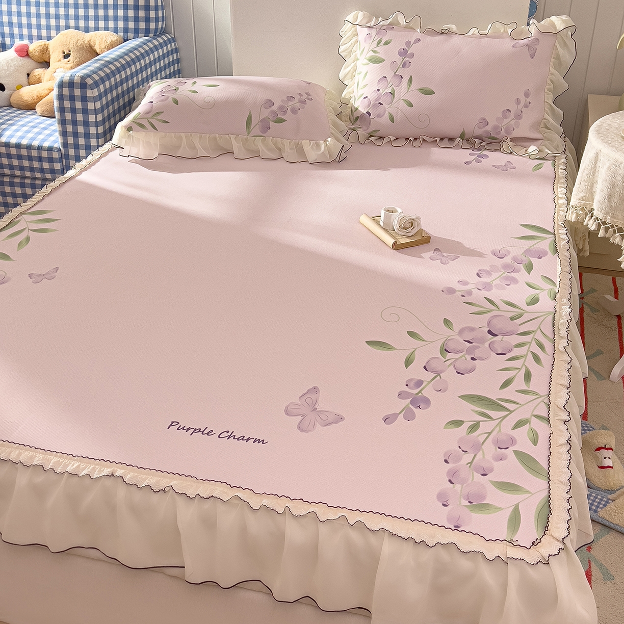 川悦生活 2026新款凉豆豆凉感冰丝床裙三件套 幸福花眠