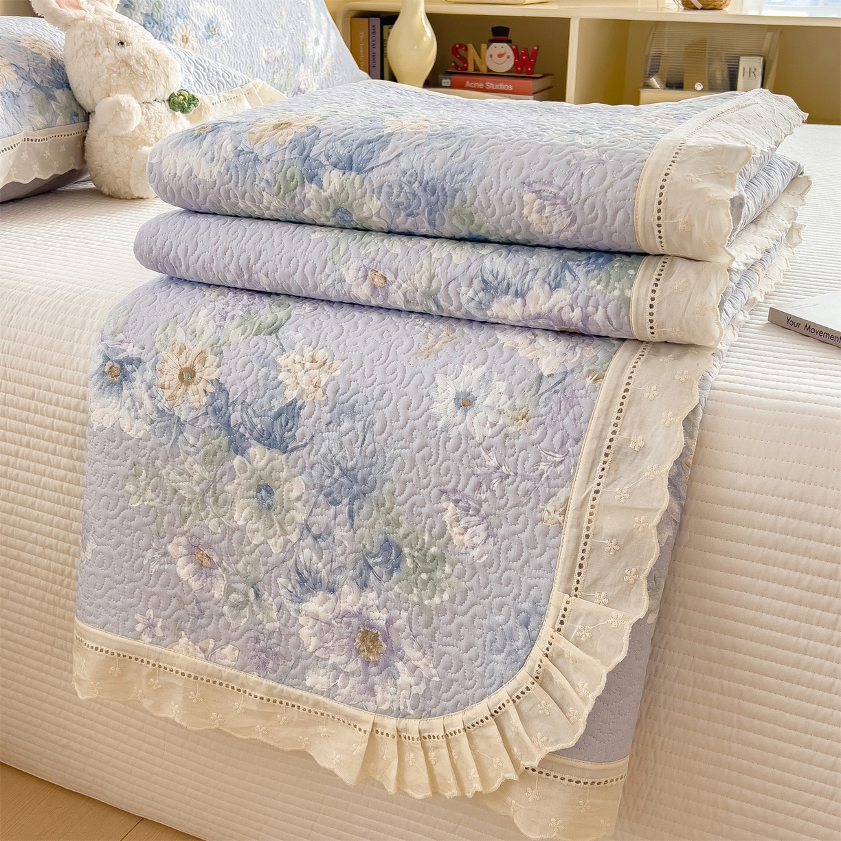 慕木家纺 2026新款A类印花慕丝棉花边款床盖夏被系列(抽空压缩可供跨境)提供买家秀 蓝庭叙+灰