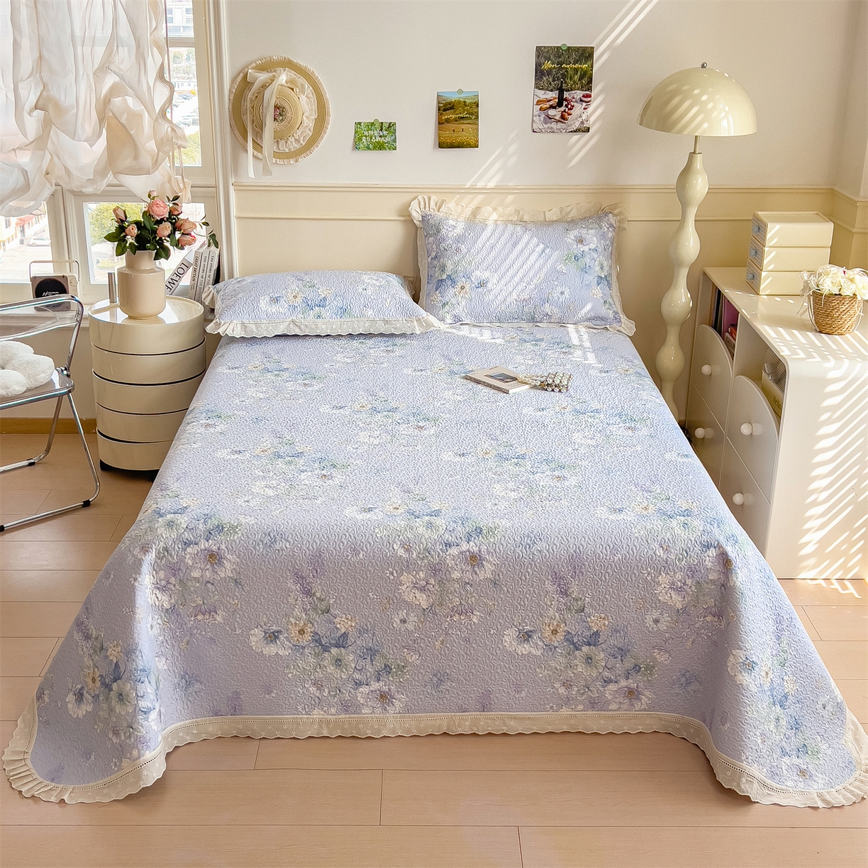 91家纺网 家纺一手货源 找家纺 慕木家纺 2026新款A类印花慕丝棉花边款床盖夏被系列(抽空压缩可供跨境)提供买家秀 蓝庭叙+灰