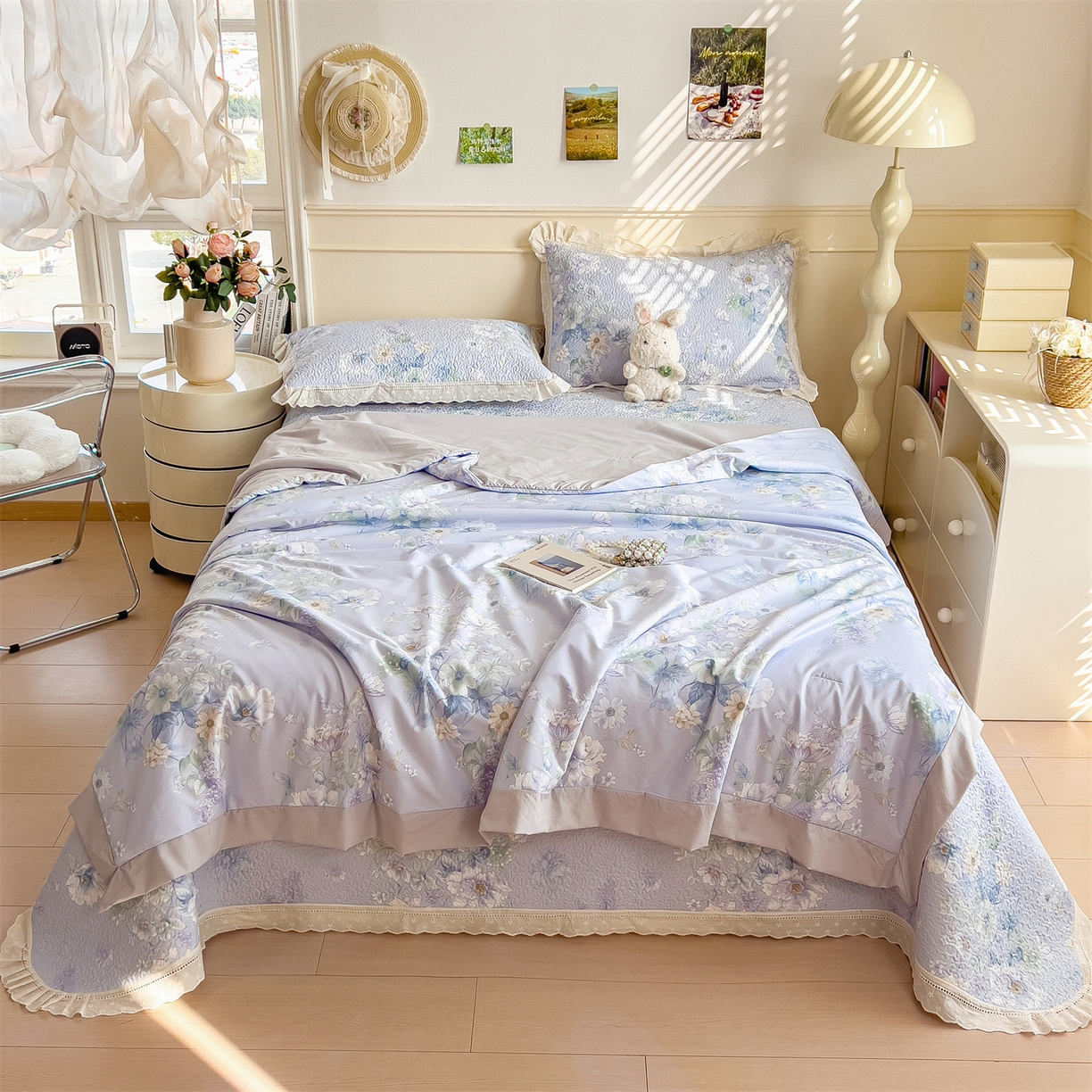 91家纺网 家纺一手货源 找家纺 慕木家纺 2026新款A类印花慕丝棉花边款床盖夏被系列(抽空压缩可供跨境)提供买家秀 蓝庭叙+灰