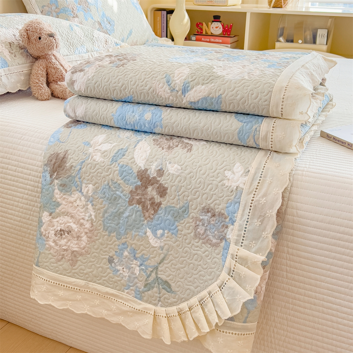 慕木家纺 2026新款A类印花慕丝棉花边款床盖夏被系列(抽空压缩可供跨境)提供买家秀 蓝漪+蓝