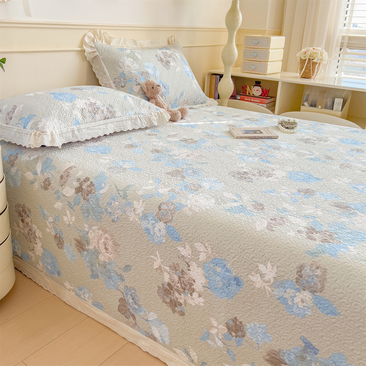 91家纺网 家纺一手货源 找家纺 慕木家纺 2026新款A类印花慕丝棉花边款床盖夏被系列(抽空压缩可供跨境)提供买家秀 蓝漪+蓝