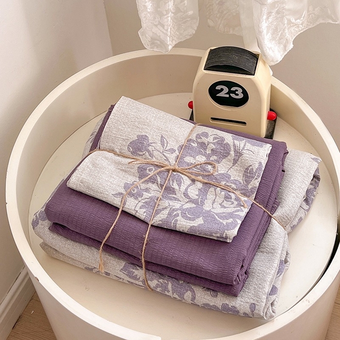 91家纺网 家纺一手货源 找家纺 朵朵家纺 2026新款高级感轻奢复古美拉德色系双层纱泡芙棉床品四件套加厚水洗双层纱软 花姿