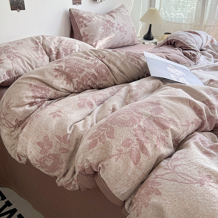 91家纺网 家纺一手货源 找家纺 朵朵家纺 2026新款高级感轻奢复古美拉德色系双层纱泡芙棉床品四件套加厚水洗双层纱软 知音咖