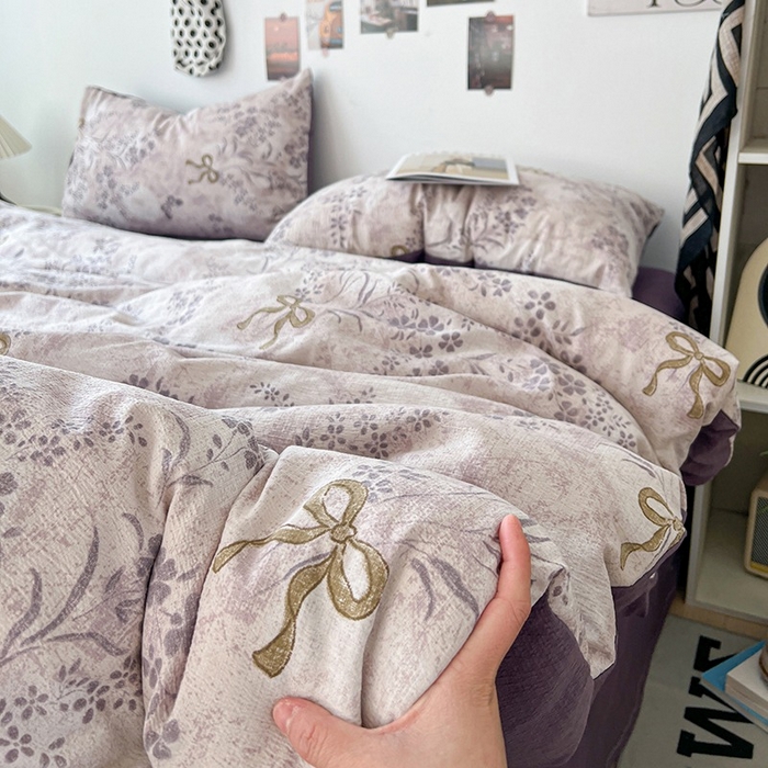 91家纺网 家纺一手货源 找家纺 朵朵家纺 2026新款高级感轻奢复古美拉德色系双层纱泡芙棉床品四件套加厚水洗双层纱软 花姿