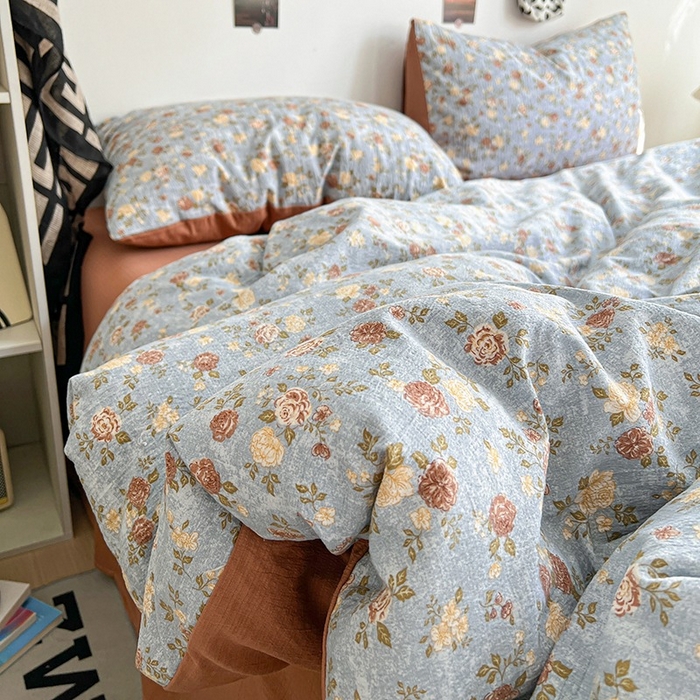 91家纺网 家纺一手货源 找家纺 朵朵家纺 2026新款高级感轻奢复古美拉德色系双层纱泡芙棉床品四件套加厚水洗双层纱软 醉玲珑