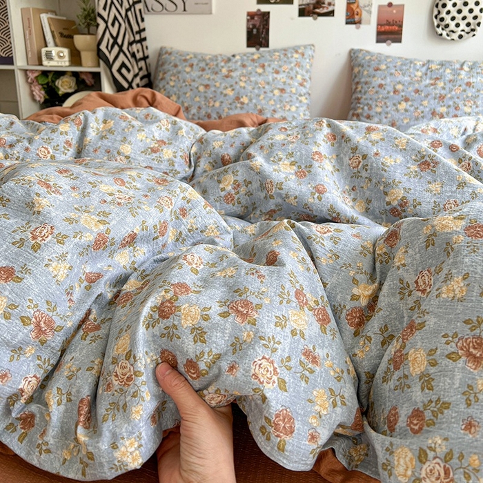 91家纺网 家纺一手货源 找家纺 朵朵家纺 2026新款高级感轻奢复古美拉德色系双层纱泡芙棉床品四件套加厚水洗双层纱软 醉玲珑