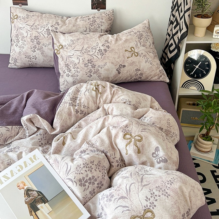 91家纺网 家纺一手货源 找家纺 朵朵家纺 2026新款高级感轻奢复古美拉德色系双层纱泡芙棉床品四件套加厚水洗双层纱软 花姿