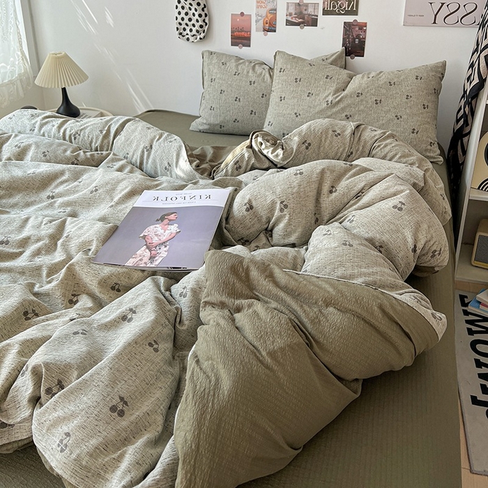 91家纺网 家纺一手货源 找家纺 朵朵家纺 2026新款高级感轻奢复古美拉德色系双层纱泡芙棉床品四件套加厚水洗双层纱软 绿樱