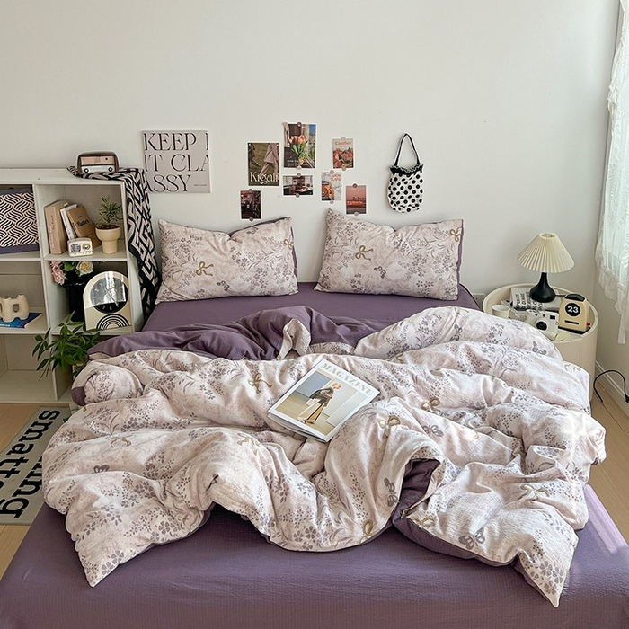 91家纺网 家纺一手货源 找家纺 朵朵家纺 2026新款高级感轻奢复古美拉德色系双层纱泡芙棉床品四件套加厚水洗双层纱软 花姿