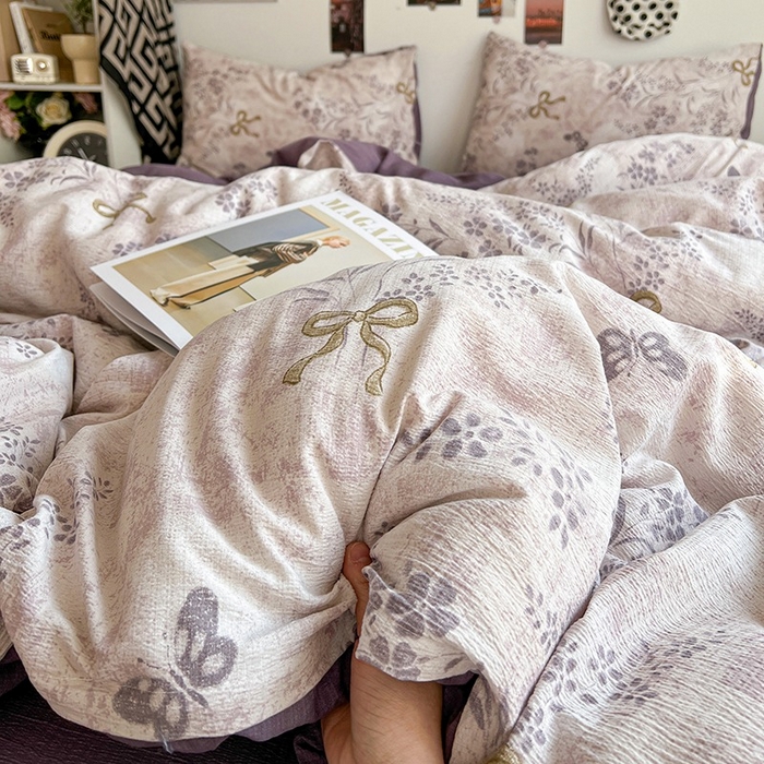 91家纺网 家纺一手货源 找家纺 朵朵家纺 2026新款高级感轻奢复古美拉德色系双层纱泡芙棉床品四件套加厚水洗双层纱软 花姿