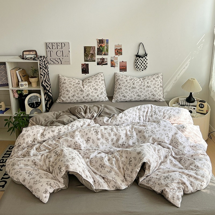 91家纺网 家纺一手货源 找家纺 朵朵家纺 2026新款高级感轻奢复古美拉德色系双层纱泡芙棉床品四件套加厚水洗双层纱软 素碟吟