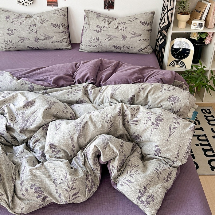 91家纺网 家纺一手货源 找家纺 朵朵家纺 2026新款高级感轻奢复古美拉德色系双层纱泡芙棉床品四件套加厚水洗双层纱软 紫苏