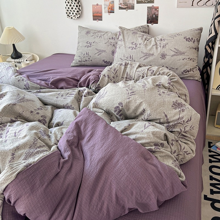 91家纺网 家纺一手货源 找家纺 朵朵家纺 2026新款高级感轻奢复古美拉德色系双层纱泡芙棉床品四件套加厚水洗双层纱软 紫苏
