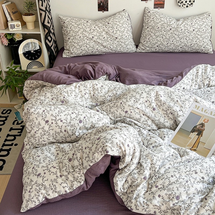 91家纺网 家纺一手货源 找家纺 朵朵家纺 2026新款高级感轻奢复古美拉德色系双层纱泡芙棉床品四件套加厚水洗双层纱软 春风拂梦