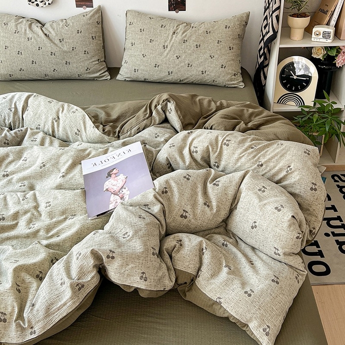 91家纺网 家纺一手货源 找家纺 朵朵家纺 2026新款高级感轻奢复古美拉德色系双层纱泡芙棉床品四件套加厚水洗双层纱软 绿樱