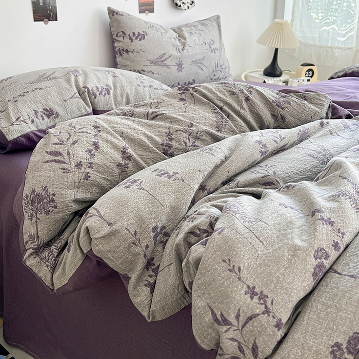 91家纺网 家纺一手货源 找家纺 朵朵家纺 2026新款高级感轻奢复古美拉德色系双层纱泡芙棉床品四件套加厚水洗双层纱软 紫苏