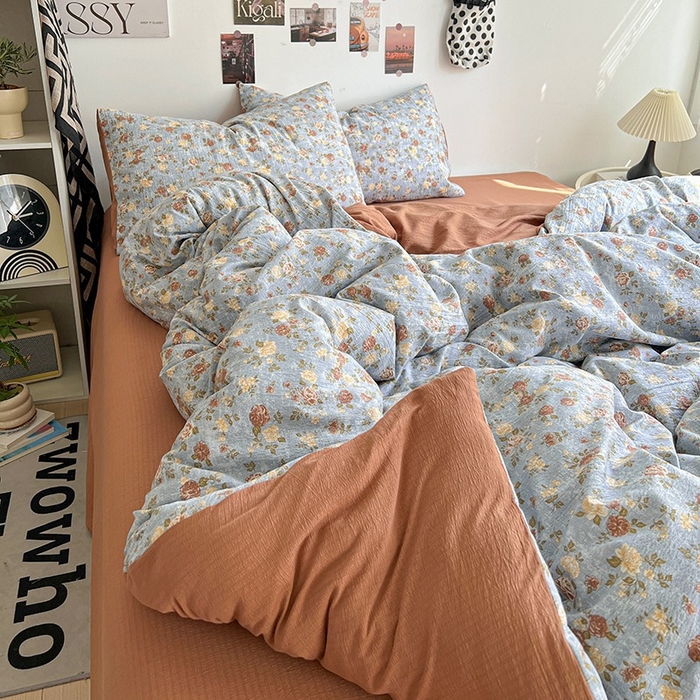 91家纺网 家纺一手货源 找家纺 朵朵家纺 2026新款高级感轻奢复古美拉德色系双层纱泡芙棉床品四件套加厚水洗双层纱软 醉玲珑